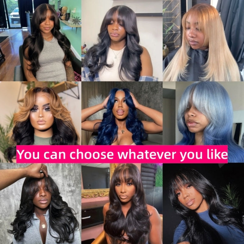 Glueless 13x5 Body Wave Lace Front Wig With Bangs Crystal HD Pre Cut Lace Human Hair Wig Curtain Bangs Wavy Wig