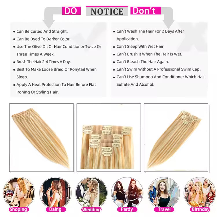 Seamless Silky Straight Clip in Hair Extensions Piano Color Clip Ins 100% Human Hair Extension