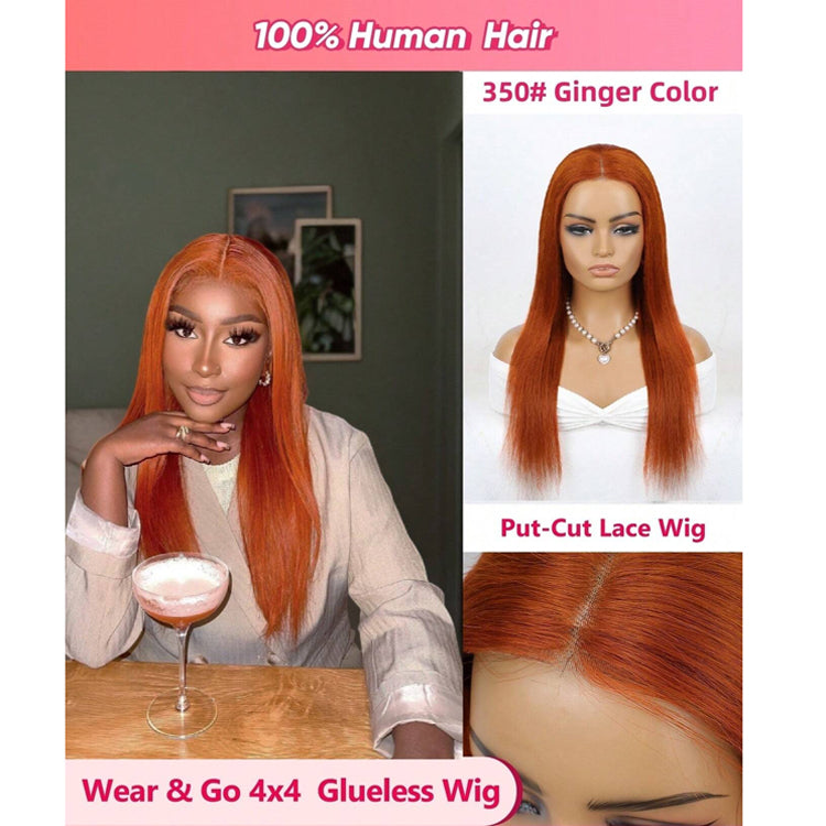 350# Ginger Wear & Go Straight Human Hair Wig — 4x4 Pre-Cut Lace, Glueless
