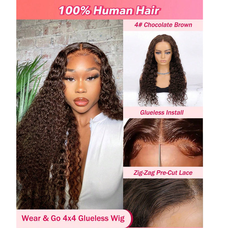 #4 Dark Chocolate Brown Water Wave Wear & Go Human Hair Wig – 4x4 Pre-Cut Lace, Glueless, Breathable Stretch Cap