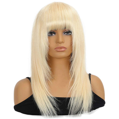 #613 Medium Straight Blonde Remy Human Hair Wig with Bangs