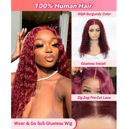 99J Burgundy Wine Red Deep Wave Human Hair Closure Wig – 5x5 Pre-Cut Lace, Glueless, Breezy Air Cap