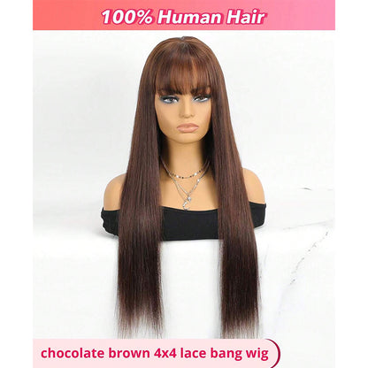 Bone Straight Human Hair Wig with Bangs – 4x4 Transparent Swiss Lace, Bleached Knots, Natural Chocolate Brown