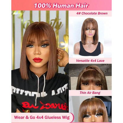 Bone Straight Bob Human Hair Wig with Bangs – 4x4 Transparent Swiss Lace, Bleached Knots, Natural Chocolate Brown