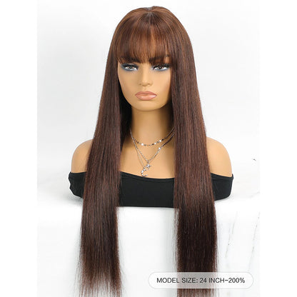 Bone Straight Human Hair Wig with Bangs – 4x4 Transparent Swiss Lace, Bleached Knots, Natural Chocolate Brown