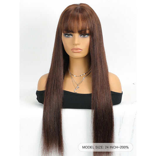Bone Straight Human Hair Wig with Bangs – 4x4 Transparent Swiss Lace, Bleached Knots, Natural Chocolate Brown