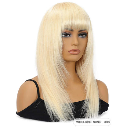 #613 Medium Straight Blonde Remy Human Hair Wig with Bangs