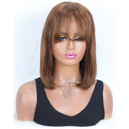 Bone Straight Bob Human Hair Wig with Bangs – 4x4 Transparent Swiss Lace, Bleached Knots, Natural Chocolate Brown