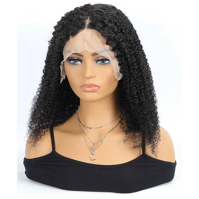 Kinky Curly Human Hair Wig  13ĄÁ4Transparent Swiss Lace, Pre-Plucked, Bleached Knots, Natural Black