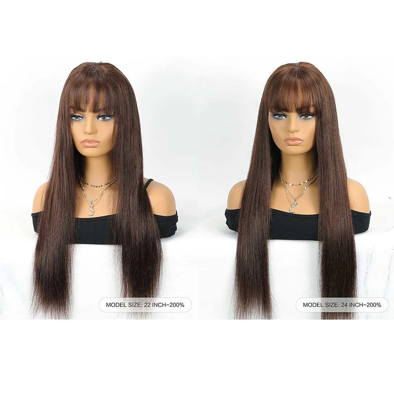 Bone Straight Human Hair Wig with Bangs – 4x4 Transparent Swiss Lace, Bleached Knots, Natural Chocolate Brown