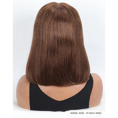 Bone Straight Bob Human Hair Wig with Bangs – 4x4 Transparent Swiss Lace, Bleached Knots, Natural Chocolate Brown
