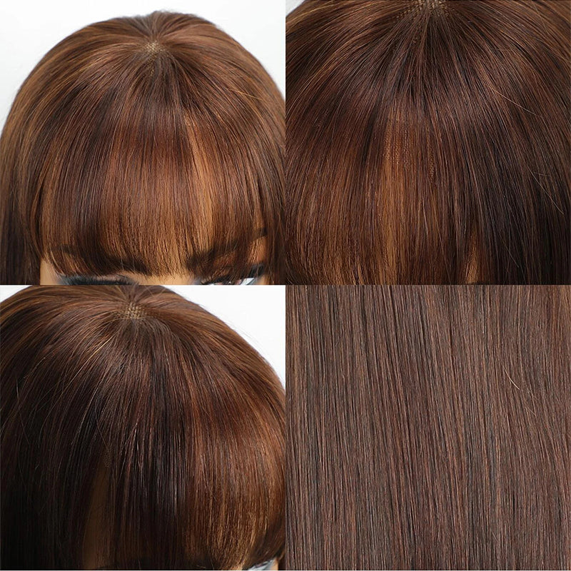 Bone Straight Human Hair Wig with Bangs – 4x4 Transparent Swiss Lace, Bleached Knots, Natural Chocolate Brown