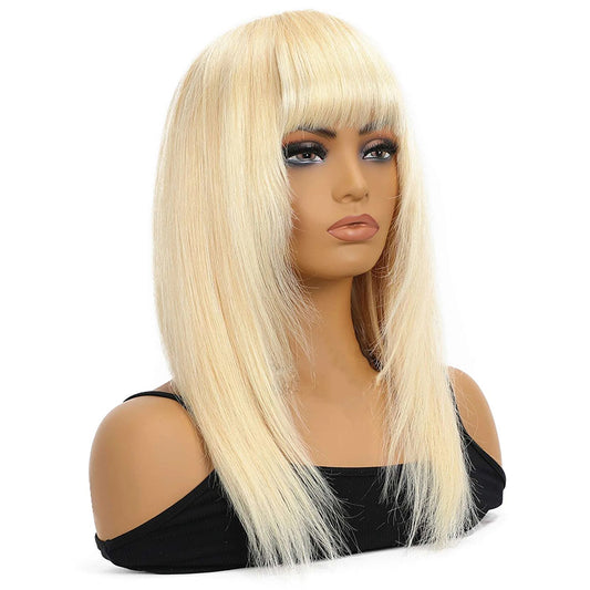 #613 Medium Straight Blonde Remy Human Hair Wig with Bangs
