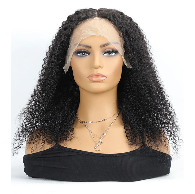 Kinky Curly Human Hair Wig  13ĄÁ4Transparent Swiss Lace, Pre-Plucked, Bleached Knots, Natural Black