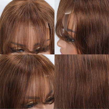 Bone Straight Bob Human Hair Wig with Bangs – 4x4 Transparent Swiss Lace, Bleached Knots, Natural Chocolate Brown