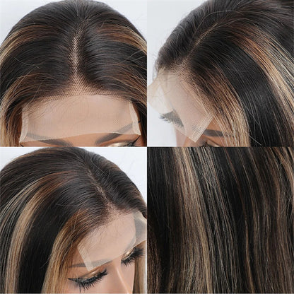 Remy Human Hair Highlight Closure Wig – 4x4 Transparent Swiss Lace, Pre-Plucked, Bleached Knots