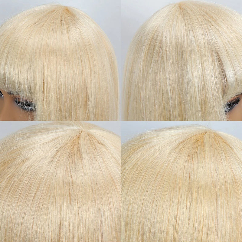 #613 Medium Straight Blonde Remy Human Hair Wig with Bangs