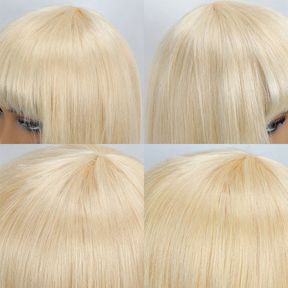 #613 Medium Straight Blonde Remy Human Hair Wig with Bangs
