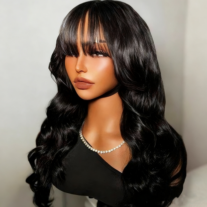Glueless 13x5 Body Wave Lace Front Wig With Bangs Crystal HD Pre Cut Lace Human Hair Wig Curtain Bangs Wavy Wig
