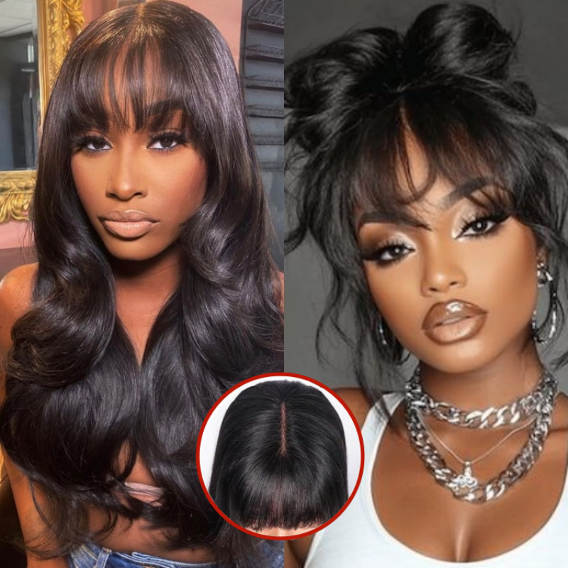 Glueless 13x5 Body Wave Lace Front Wig With Bangs Crystal HD Pre Cut Lace Human Hair Wig Curtain Bangs Wavy Wig