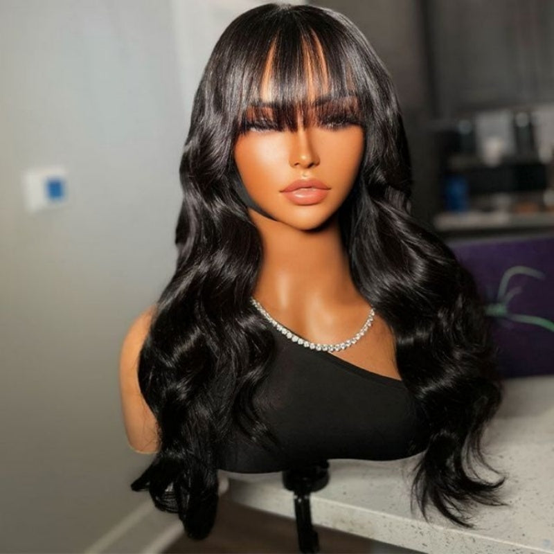 Glueless 13x5 Body Wave Lace Front Wig With Bangs Crystal HD Pre Cut Lace Human Hair Wig Curtain Bangs Wavy Wig