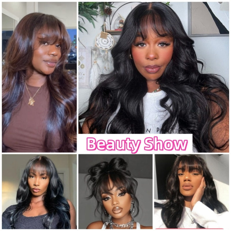Glueless 13x5 Body Wave Lace Front Wig With Bangs Crystal HD Pre Cut Lace Human Hair Wig Curtain Bangs Wavy Wig