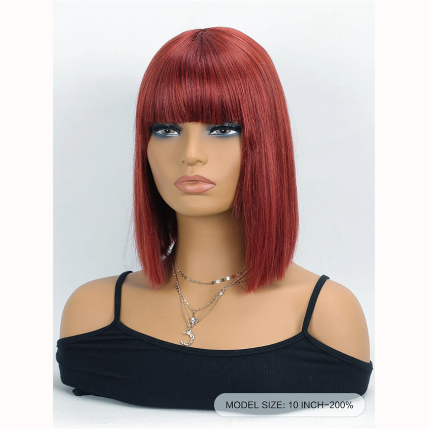 #33 Bone Straight Bob Remy Human Hair Closure Wig with Bangs – 4x4 Transparent Swiss Lace, Bleached Knots