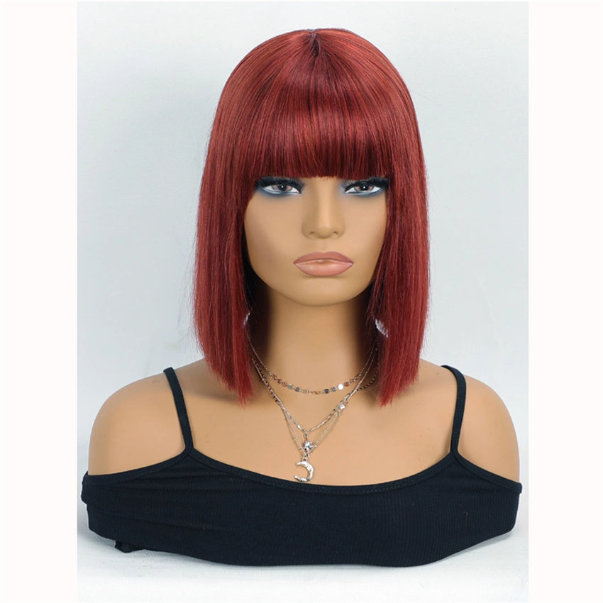 #33 Bone Straight Bob Remy Human Hair Closure Wig with Bangs – 4x4 Transparent Swiss Lace, Bleached Knots