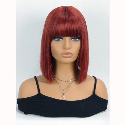 #33 Bone Straight Bob Remy Human Hair Closure Wig with Bangs – 4x4 Transparent Swiss Lace, Bleached Knots