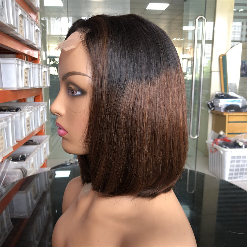 4×4 Bob Human Hair Wig with Layered Cut – 10 Inch Highlight Color #4