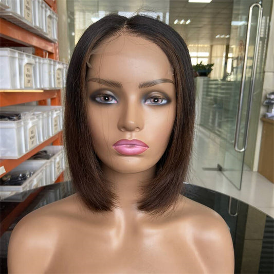 4×4 Bob Human Hair Wig with Layered Cut – 10 Inch Highlight Color #4
