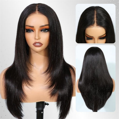Pre Cut 6x5 HD Lace Wig Layered Natural Black Hair Silky Straight Glueless Human Hair wig