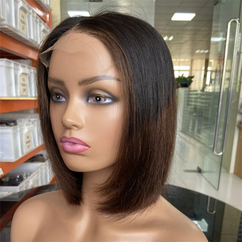 4×4 Bob Human Hair Wig with Layered Cut – 10 Inch Highlight Color #4
