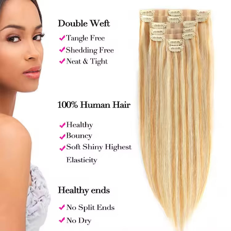 Seamless Silky Straight Clip in Hair Extensions Piano Color Clip Ins 100% Human Hair Extension
