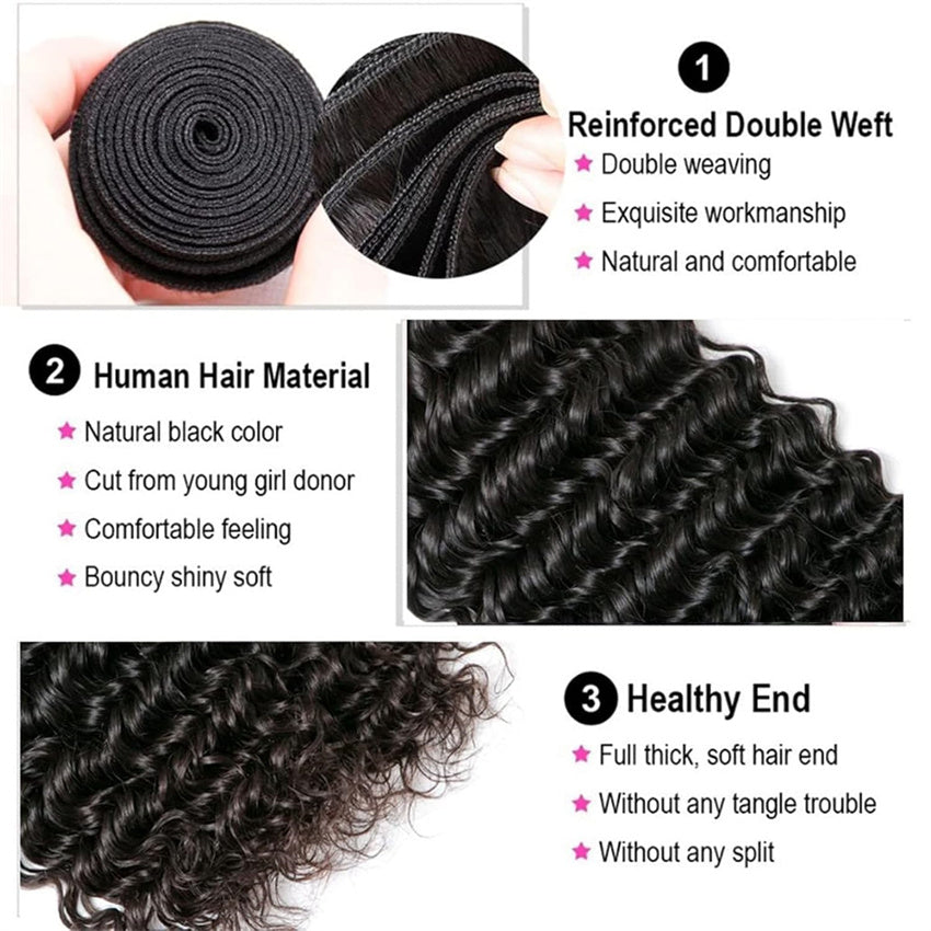 Human Hair Bundles Deep Wave 8-30Inch 100% Unprocessed Virgin Hair Bundles for Women Natural Black