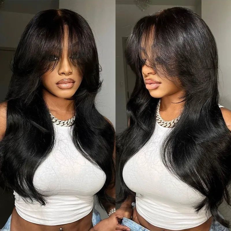 Glueless Curtain Bangs Wigs Human Hair Pre Cut 6x5 Lace Wavy Layer Cut Wigs Easy-to-wear