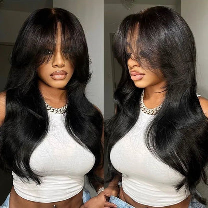 Glueless Curtain Bangs Wigs Human Hair Pre Cut 6x5 Lace Wavy Layer Cut Wigs Easy-to-wear