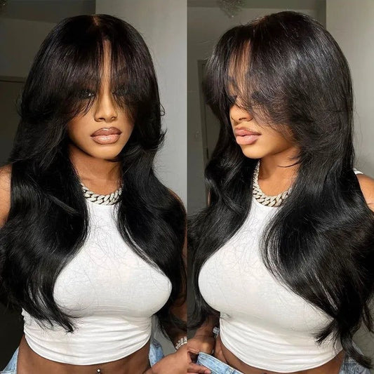 Glueless Curtain Bangs Wigs Human Hair Pre Cut 6x5 Lace Wavy Layer Cut Wigs Easy-to-wear