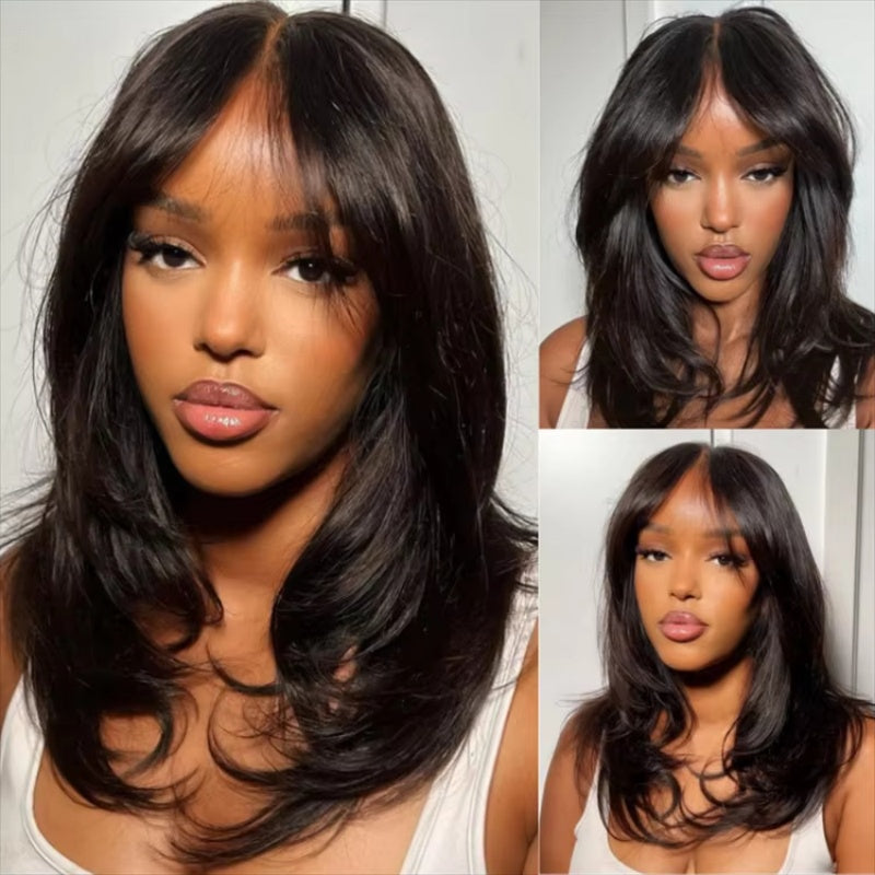 Glueless Curtain Bangs Wigs Human Hair Pre Cut 6x5 Lace Wavy Layer Cut Wigs Easy-to-wear