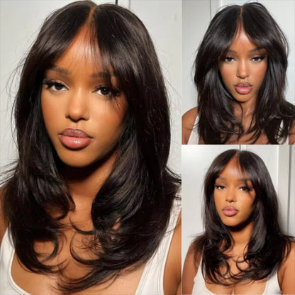 Glueless Curtain Bangs Wigs Human Hair Pre Cut 6x5 Lace Wavy Layer Cut Wigs Easy-to-wear