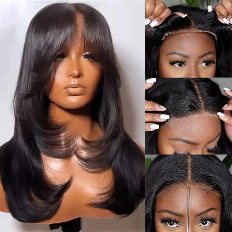 Glueless Curtain Bangs Wigs Human Hair Pre Cut 6x5 Lace Wavy Layer Cut Wigs Easy-to-wear