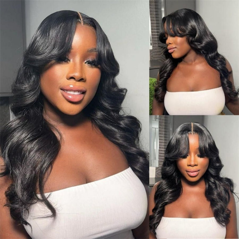 Glueless Curtain Bangs Wigs Human Hair Pre Cut 6x5 Lace Wavy Layer Cut Wigs Easy-to-wear